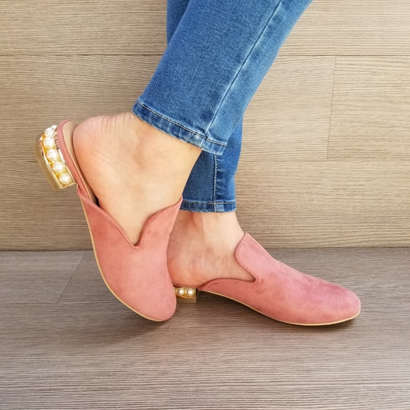 Suede Slip On Loafer Mule Pearl Accents on Heel-B - Picture 2 of 7